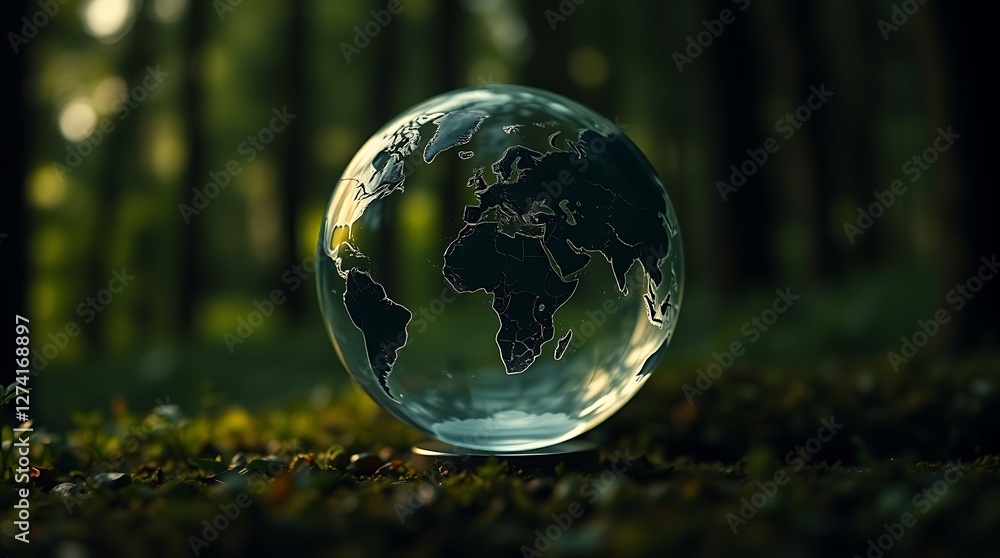 Elegant Crystal Glass World Map Globe on a Blurred Green Forest Background Symbolizing Nature and Global Connectivity Elegant Crystal Glass World Map Globe on a Blurred Green Forest Background Symbolizing Nature and Global Connectivity