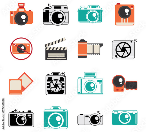 Vector icon set of photo and video cameras with white background