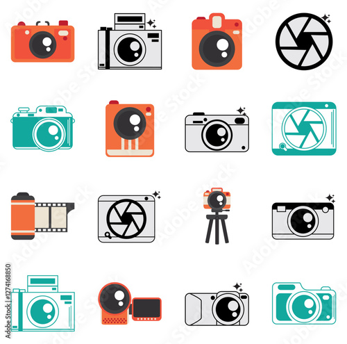 Vector icon set of photo and video cameras with white background