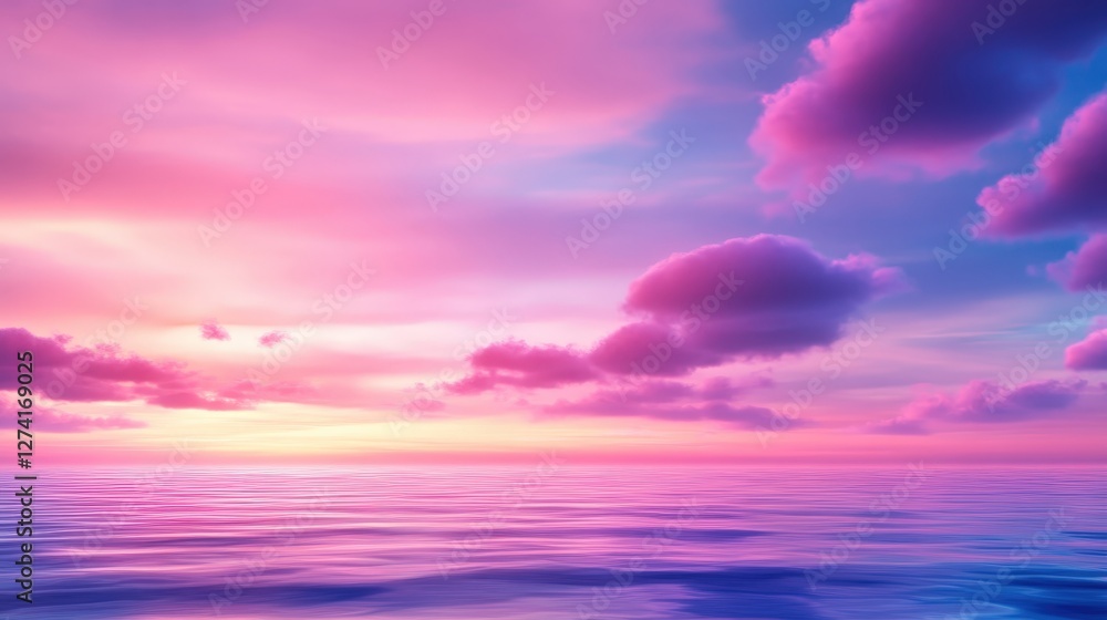 Fototapeta premium A serene view of a colorful sunset over calm waters, painted in shades of pink, purple, and blue