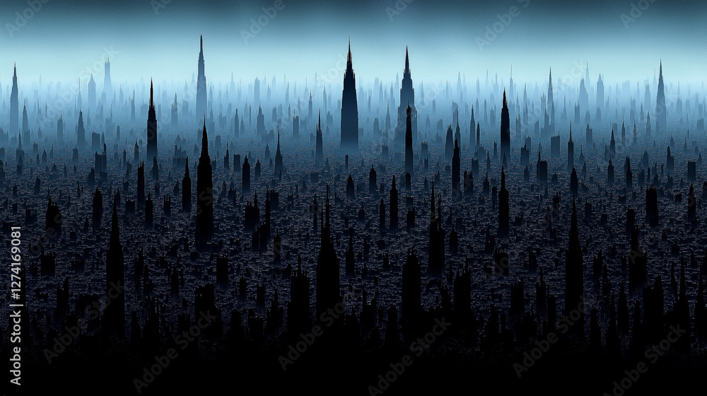 Fototapeta premium Ethereal Cityscape: A surreal, almost alien cityscape of towering, needle-like structures shrouded in a cool, blue mist, evoking a sense of mystery and the unknown. 