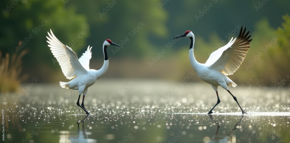 Obraz premium Elegant cranes perform synchronized movements in a serene wetland , birds, wetland