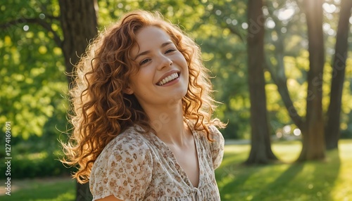 Smiling young woman in bright golden sunlight, summer outdoor portrait photo in green park