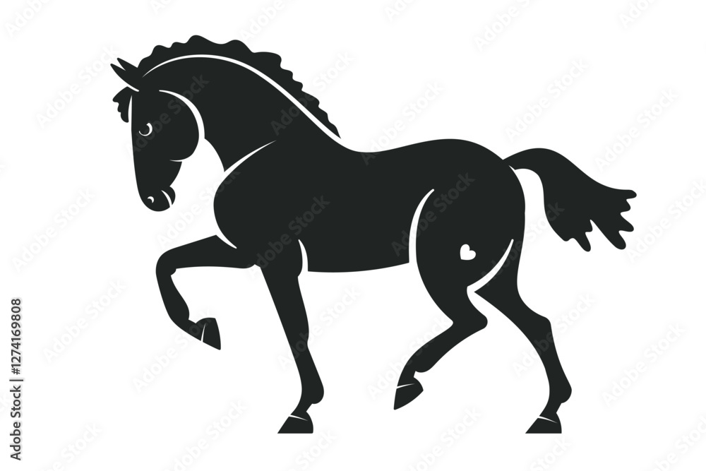 Black silhouette of a prancing horse with a small heart shape on its hindquarters, designed in a minimalist and elegant style Black silhouette of a prancing horse with a small heart shape on its hindquarters, designed in a minimalist and elegant style