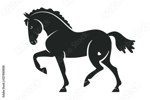 Black silhouette of a prancing horse with a small heart shape on its hindquarters, designed in a minimalist and elegant style