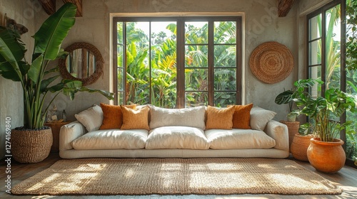 Wallpaper Mural A bright and cozy living room featuring a beige sofa with orange pillows. Lush plants surround large windows offering a view of vibrant greenery outside. Torontodigital.ca