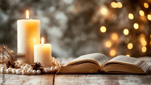Wallpaper Mural This beautiful winter-themed image features lit candles next to an open book, accented with pinecones and pearls, creating a perfect cozy atmosphere for relaxation. Torontodigital.ca