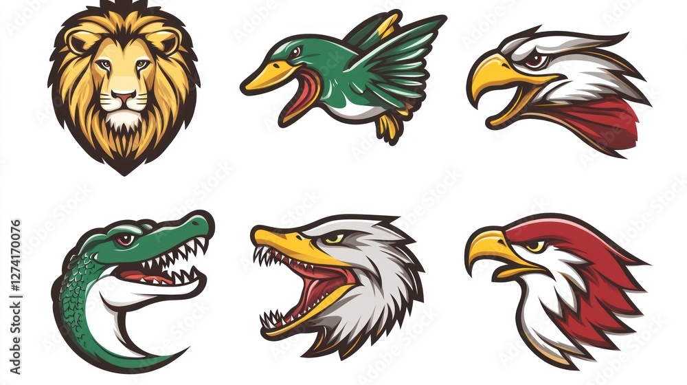 Naklejka premium Six animal head mascots; lion, duck, eagle, alligator, eagle, eagle; design, graphic