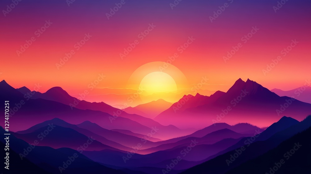 Fototapeta premium A stunning sunset over majestic mountains, displaying vibrant hues of purple, orange, and pink