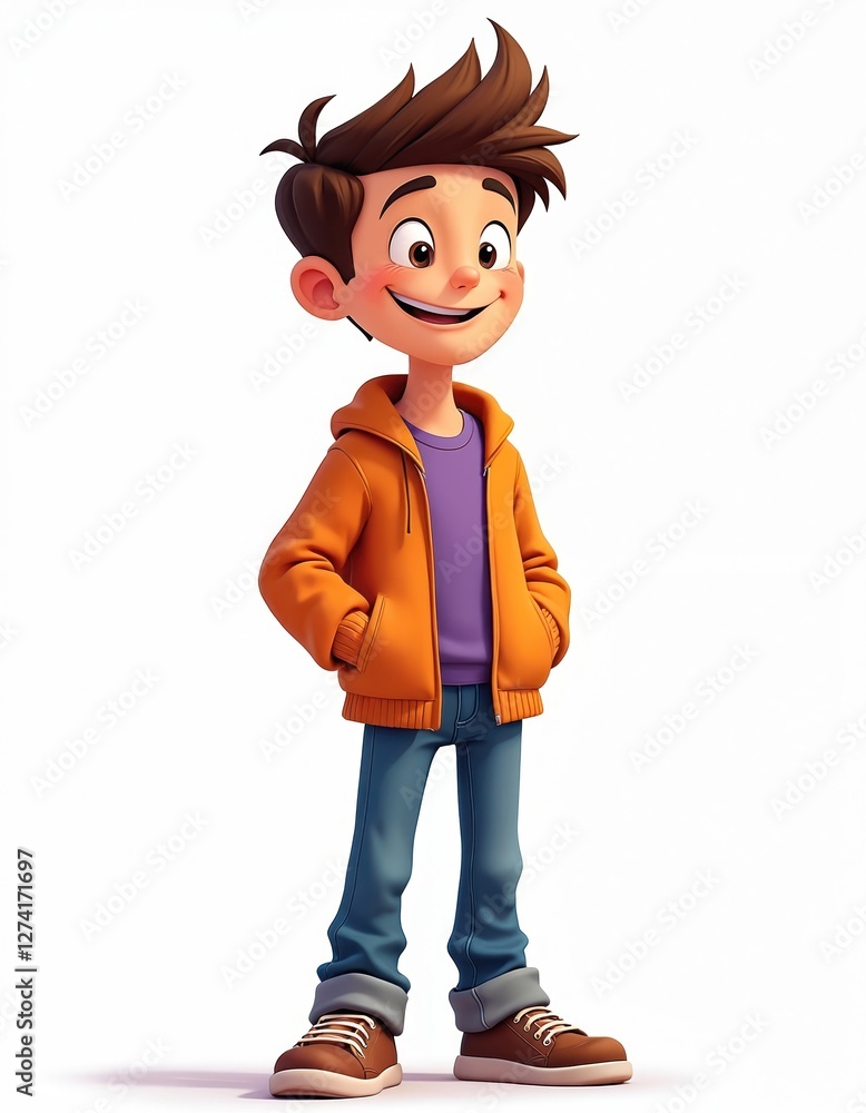 Animated cartoon boy with smile standing in orange jacket, blue jeans, brown shoes. Three-dimensional render of happy schoolboy, schoolkid in casual clothes. Cheerful kid in trendy outfit on white Animated cartoon boy with smile standing in orange jacket, blue jeans, brown shoes. Three-dimensional render of happy schoolboy, schoolkid in casual clothes. Cheerful kid in trendy outfit on white