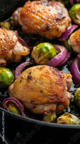Chicken thighs, brussel sprouts and onion in a skillet