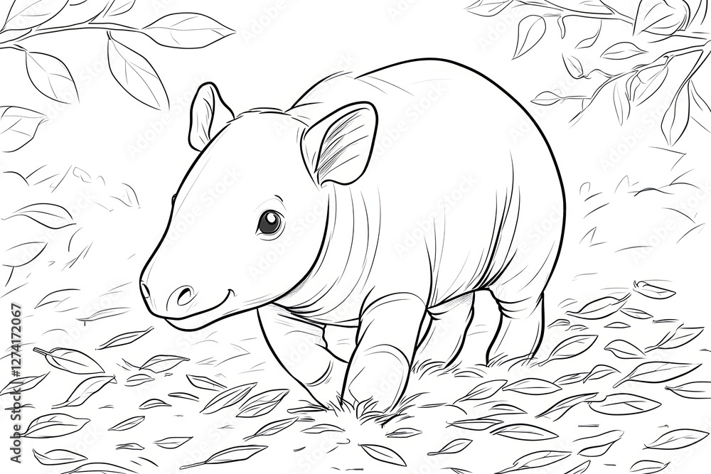 Obraz premium Baby tapir with a small snout, walking through tiny leaves.
