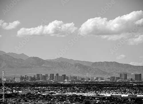 black and white photo of view of Las Vegas