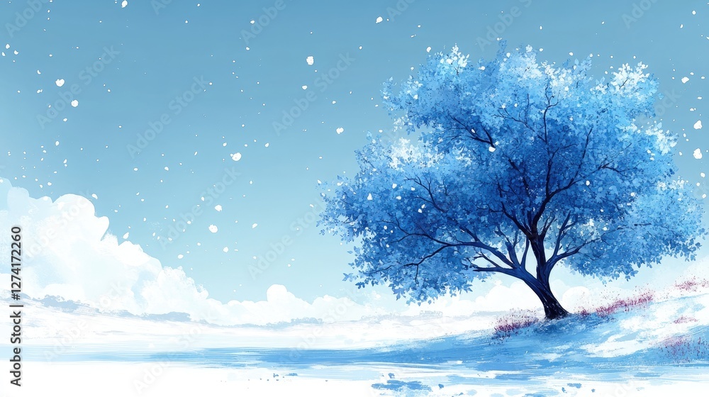 Winter landscape with a solitary blue tree Winter landscape with a solitary blue tree