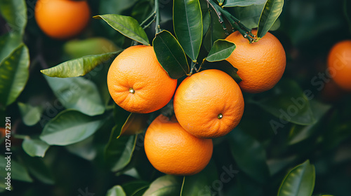 A close-up of an orange tree with green leaves
