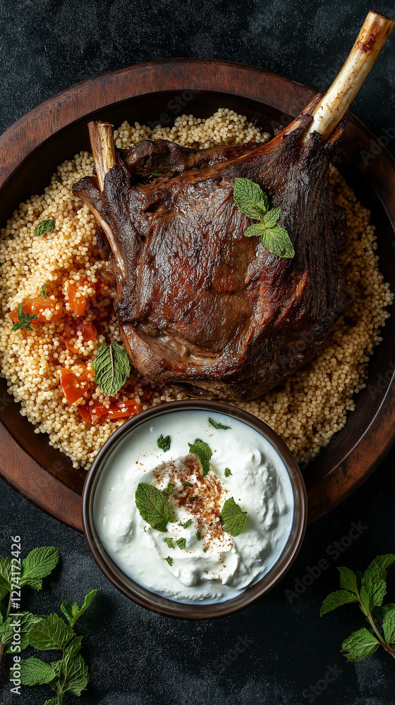 Roast lamb on couscous with yogurt sauce