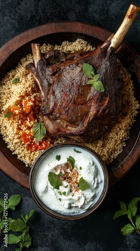 Obraz na płótnie Roast lamb on couscous with yogurt sauce w salonie