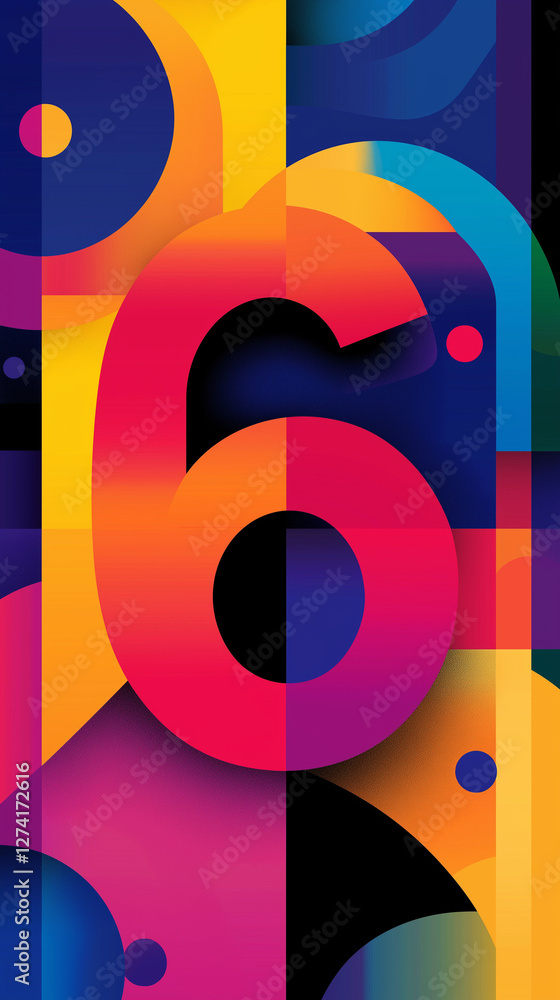Illustration of number six in vivid colors and shapes