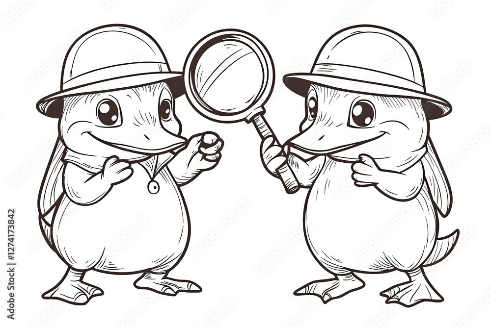 Fototapeta premium Little platypus wearing a tiny detective hat, holding a magnifying glass.