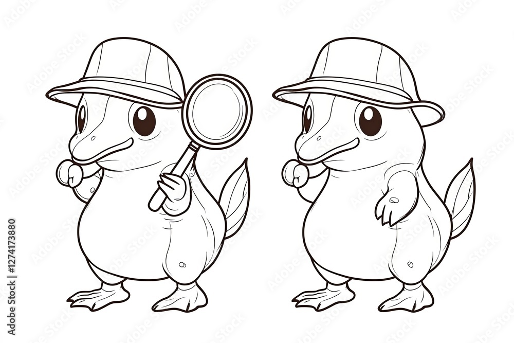 Fototapeta premium Little platypus wearing a tiny detective hat, holding a magnifying glass.