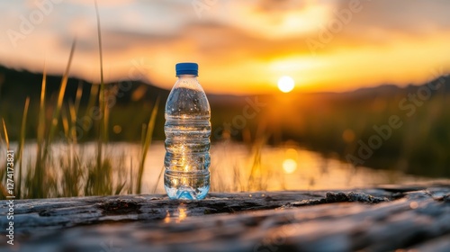 A sparkling water bottle sits gracefully at sunset on a tranquil lake, embodying the refreshing essence of nature and the importance of staying hydrated while enjoying serene landscapes.