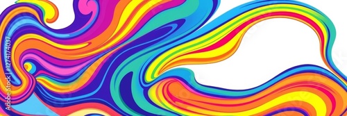 Abstract swirling retro waves in vibrant colors on white background, 70s hippie style, copy space for text, swirling, poster