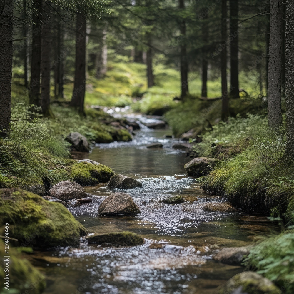 Clear forest stream winding through mossy rocks in a tranquil woodland setting Clear forest stream winding through mossy rocks in a tranquil woodland setting
