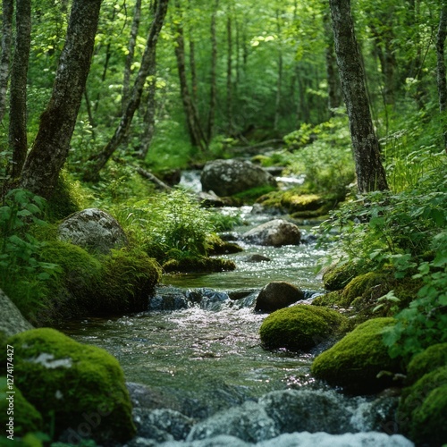 Clear forest stream winding through mossy rocks in a tranquil woodland setting