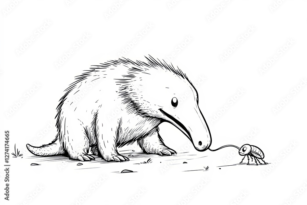 Fototapeta premium Tiny anteater with a long nose, licking a tiny ant.