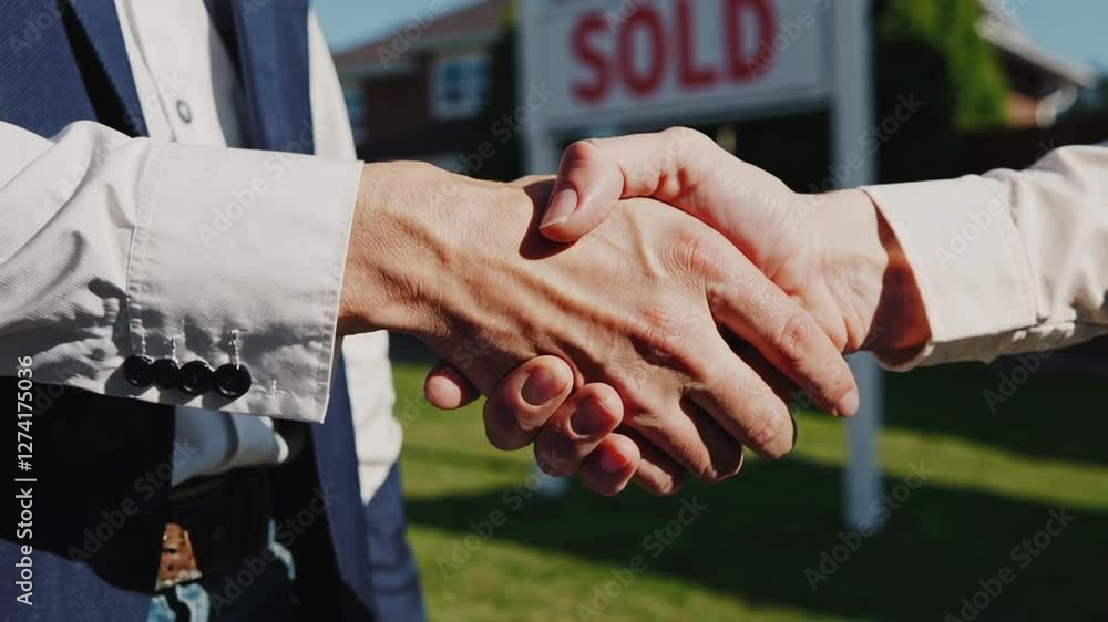 Real estate transaction is finalized as two agents shake hands in slow motion, celebrating successful sale with sold sign prominently displayed