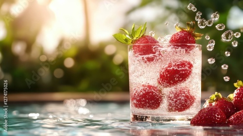 A close-up view of a refreshing bubbly drink with strawberries, placed beside a pool, providing the perfect ambiance for summer relaxation and enjoyment. photo