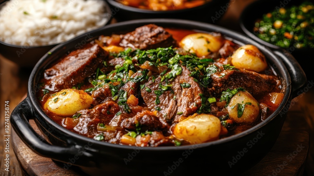 A rich and hearty beef plate adorned with potatoes and fresh herbs, radiating comfort and warmth, perfect for a cozy family gathering or festive occasion. A rich and hearty beef plate adorned with potatoes and fresh herbs, radiating comfort and warmth, perfect for a cozy family gathering or festive occasion.