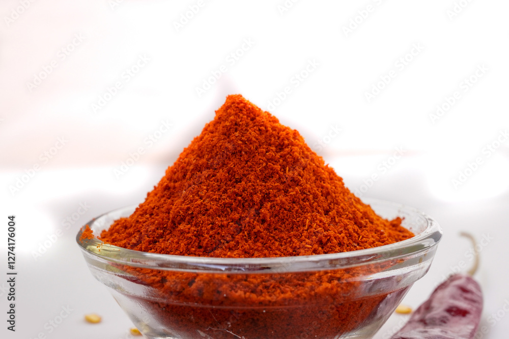 Bowl with red chili powder on white background. Selective focus. Bowl with red chili powder on white background. Selective focus.