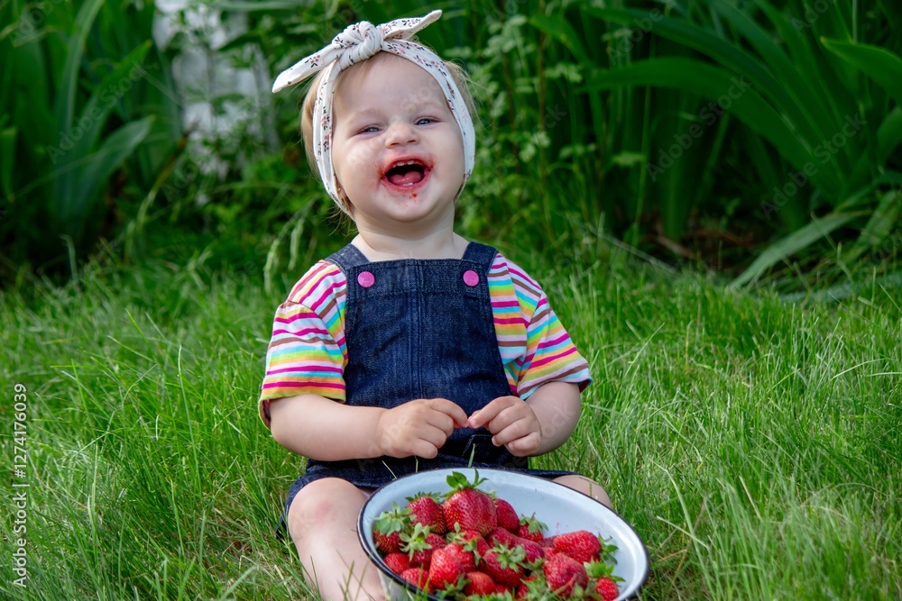 Little girl in the garden eating strawberries Little girl in the garden eating strawberries