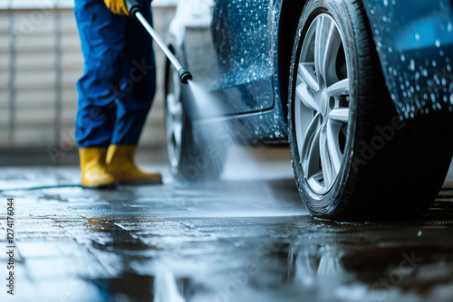 Car wash process in an outdoor area with a person cleaning a vehicle using a pressure washer