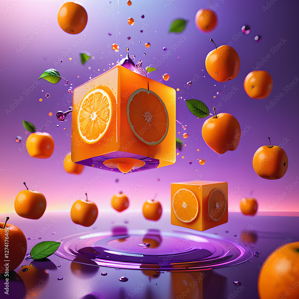 Obraz premium Levitating Fruit Cube: Futuristic Ephemeral Delight