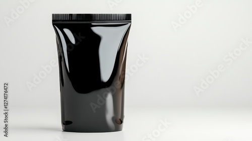 A glossy black cosmetic tube stands elegantly on a clean, minimalist surface, highlighting its modern design ideal for beauty and skincare product displays.