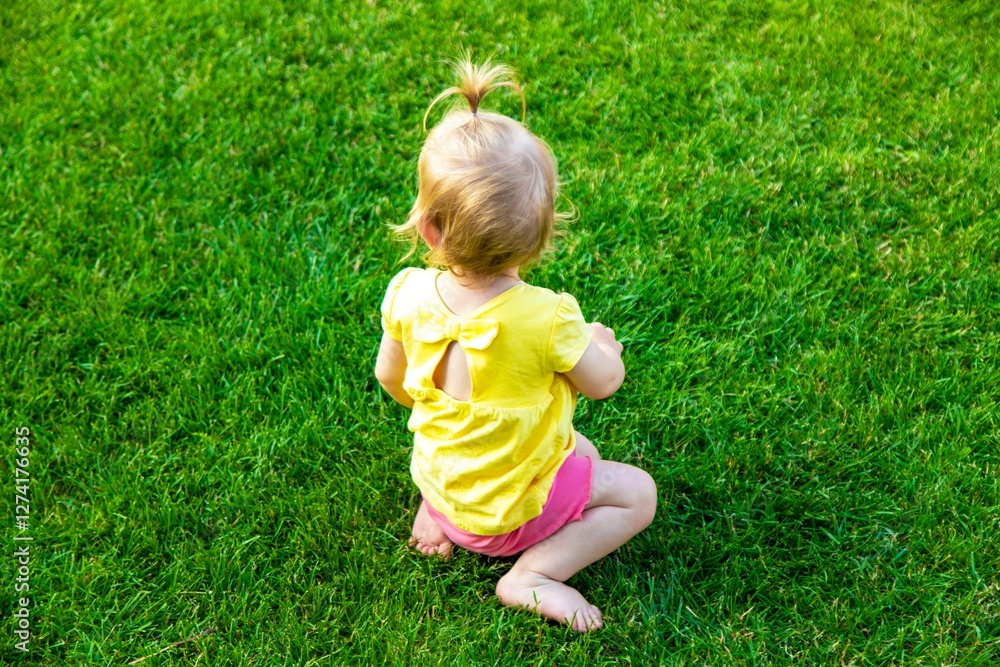 A little girl walks on the grass in the summer. A little girl walks on the grass in the summer.