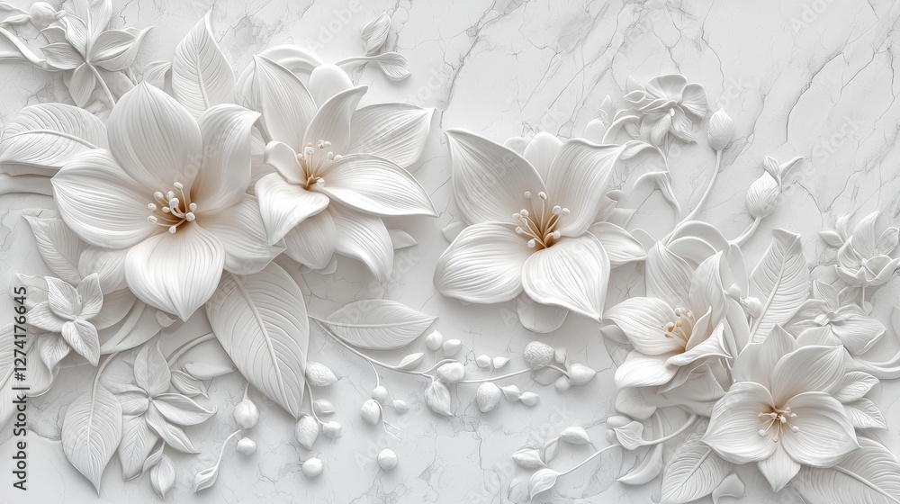 Floral relief sculpture displaying intricate blossoms and flowing patterns Floral relief sculpture displaying intricate blossoms and flowing patterns