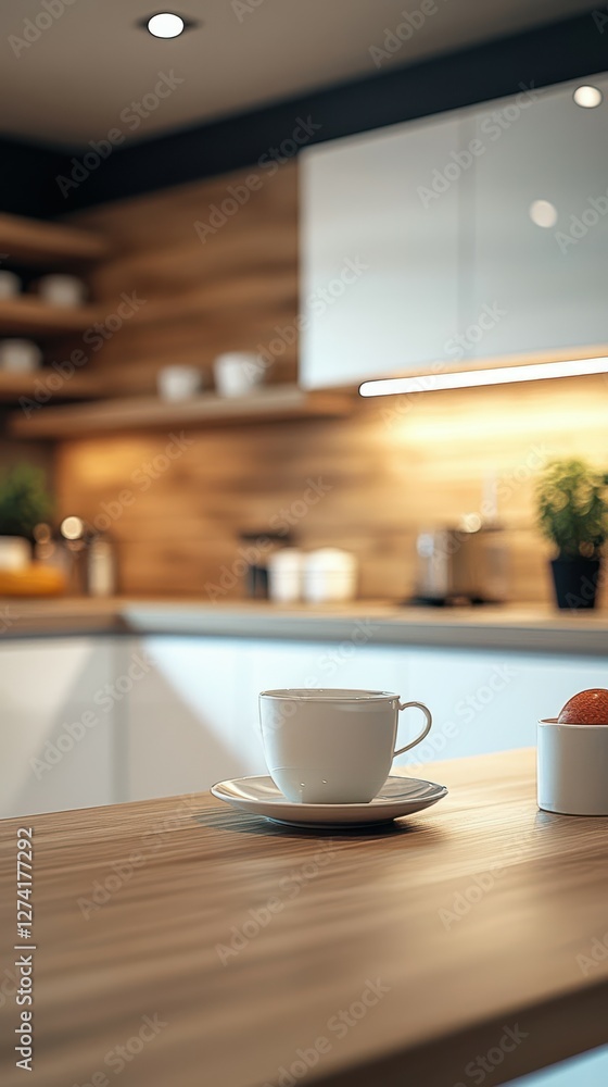 Warm cup of coffee on a wooden kitchen table in a modern, well-lit kitchen setting during the morning Warm cup of coffee on a wooden kitchen table in a modern, well-lit kitchen setting during the morning