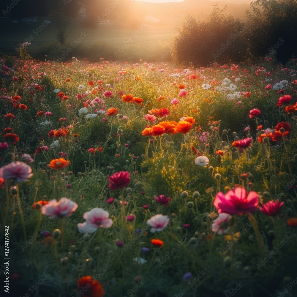 Obraz premium Lush Green Meadow Bathed in Soft Sunlight