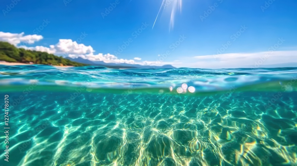 Obraz premium A stunning underwater view showcasing crystal clear ocean water, vibrant sunlight filtering through, and gentle waves creating mesmerizing patterns on the sandy seabed.