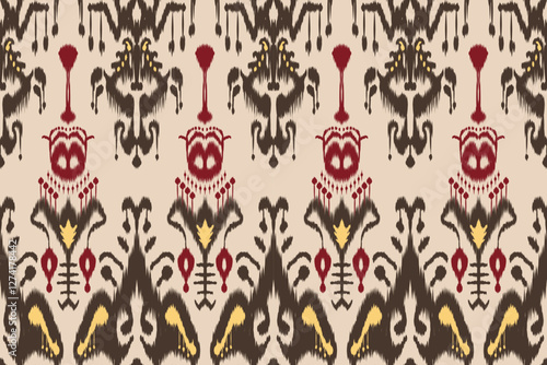 Ikat embroidery with an ethnic oriental pattern and traditional Aztec geometric art ornament. Designed for carpets, covers, wallpapers, wrapping paper, fabric, and clothing.