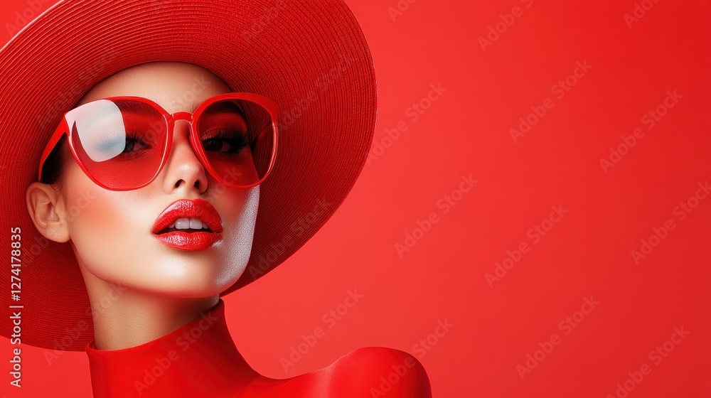 An elegant woman in a striking red hat and matching sunglasses showcases chic style against a solid red background, highlighting her striking features and confident expression with an edgy touch. An elegant woman in a striking red hat and matching sunglasses showcases chic style against a solid red background, highlighting her striking features and confident expression with an edgy touch.