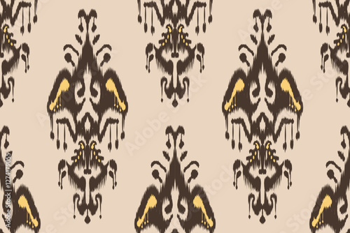 Ikat embroidery with an ethnic oriental pattern and traditional Aztec geometric art ornament. Designed for carpets, covers, wallpapers, wrapping paper, fabric, and clothing.