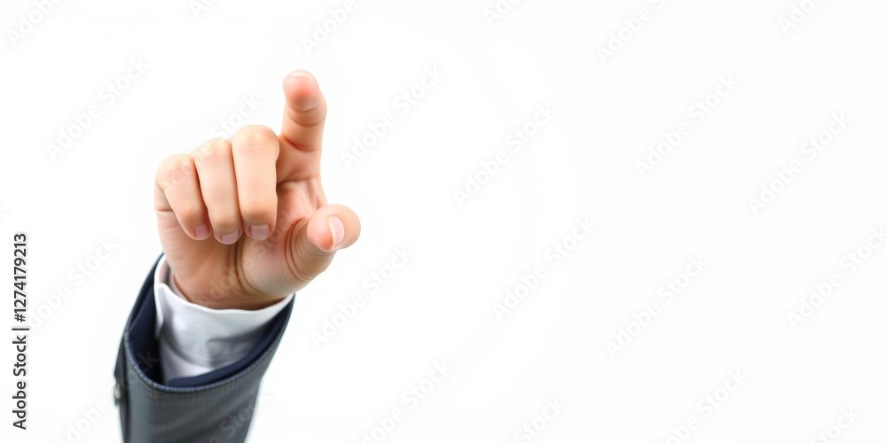 A businessman's finger touching virtual glass mockup, white background with copy space, interface, innovation, design