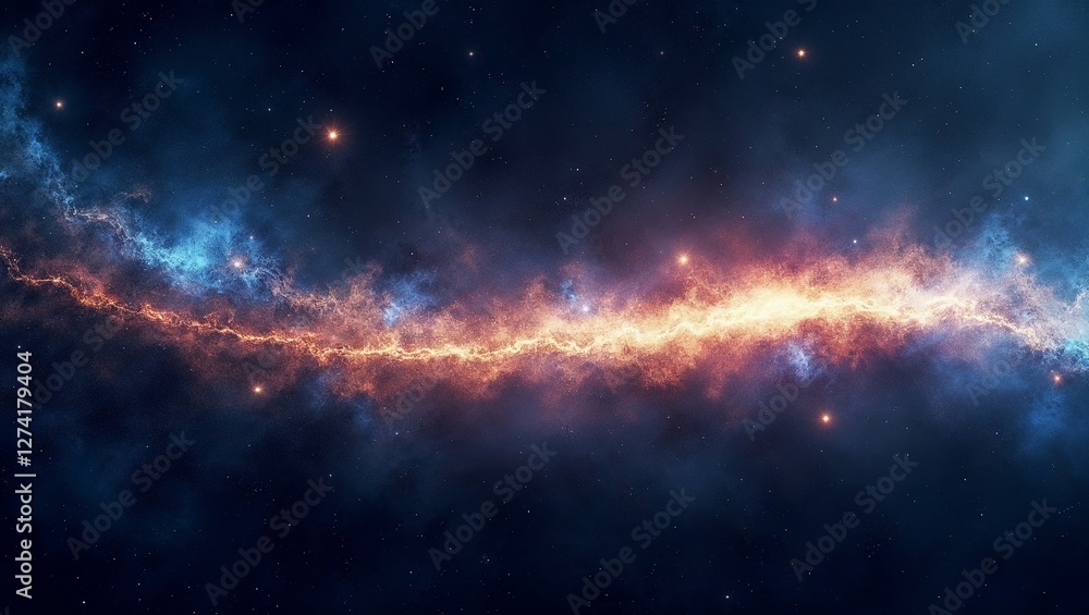 Obraz premium Celestial Illustration, Glowing Comet Trail with Spectral Fragments, Vibrant Cosmic Tapestry in Deep Space