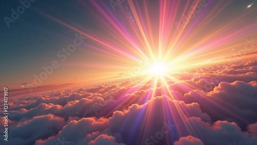 Hyper-Realistic Cosmic Flare Illustration, Kaleidoscopic Colors, Golden Horizon with Copy Space