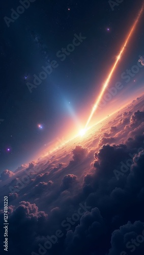 Golden Photon Beam Illustration, Ethereal Nebular Mist, Celestial Expanse in Deep Blues and Purples with Copy Space