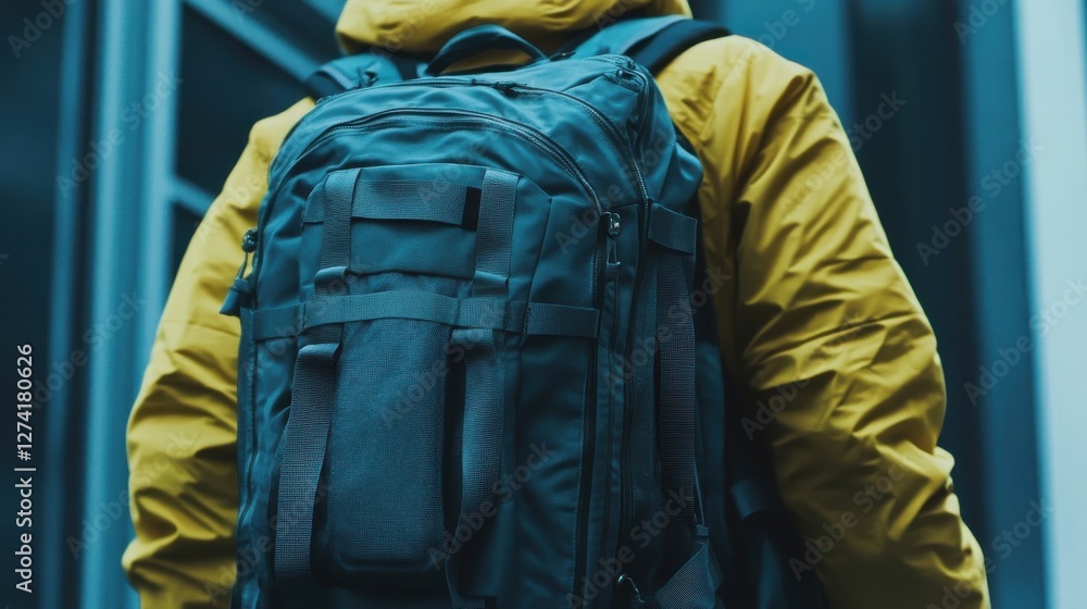 Person wearing a dark backpack and yellow jacket Person wearing a dark backpack and yellow jacket